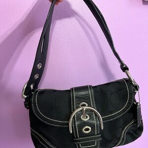 Coach Black SoHo Signature Canvas Leather Buckle Flap Shoulder Bag